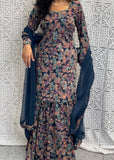 Midnight Floral Charm: Printed Sharara Suit Set