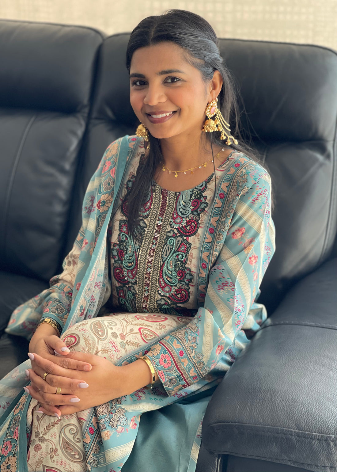 Dusty Blue Printed Suit Set