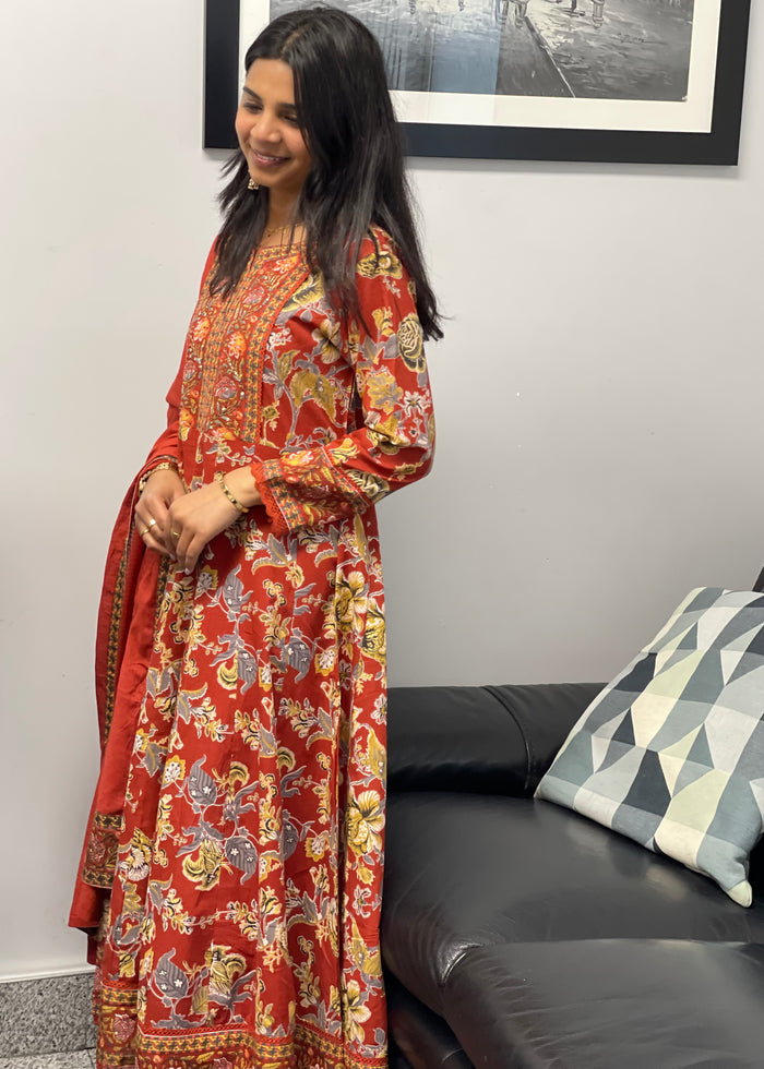 Rust Red Floral Printed Anarkali Suit Set