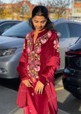 Deep Maroon Embroidered Velvet Suit Set with Matching Dupatta
