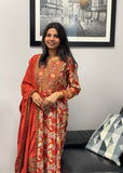Rust Red Floral Printed Anarkali Suit Set