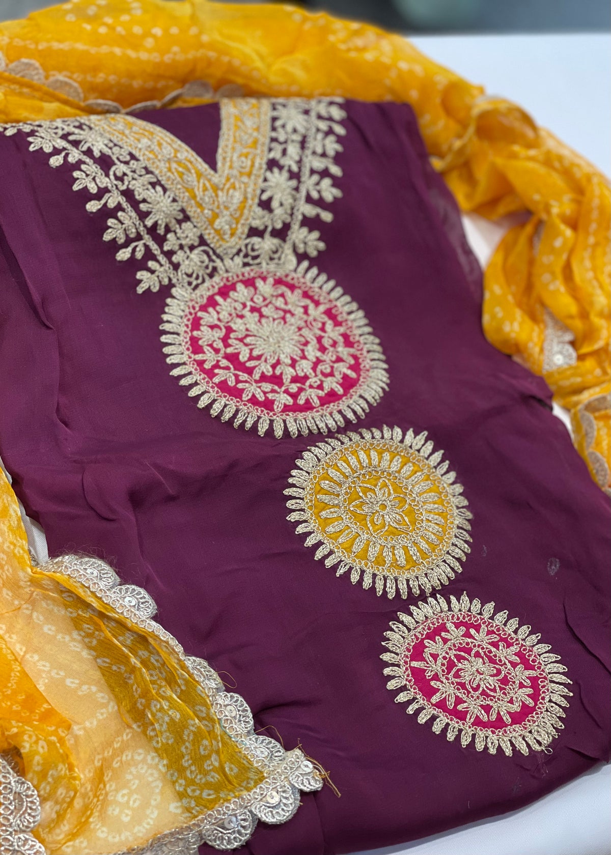 Plum With Bandhani Dupatta Unstitched