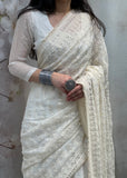 White Lakhnavi Saree
