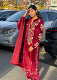 Deep Maroon Embroidered Velvet Suit Set with Matching Dupatta