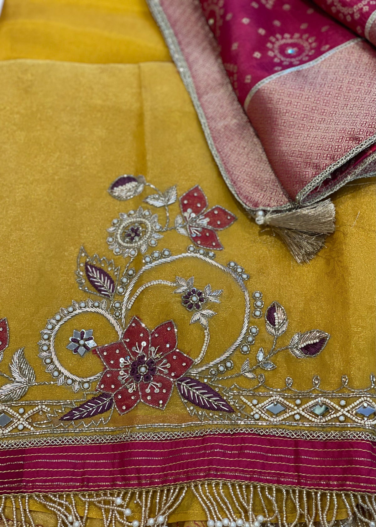 Yellow pink unstitched Suit
