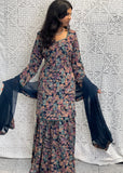 Midnight Floral Charm: Printed Sharara Suit Set