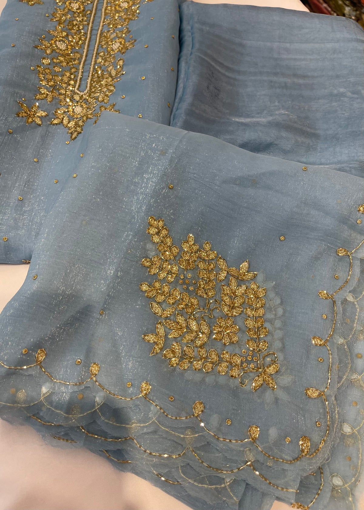 Blue Neck Embroidery Unstitched Suit