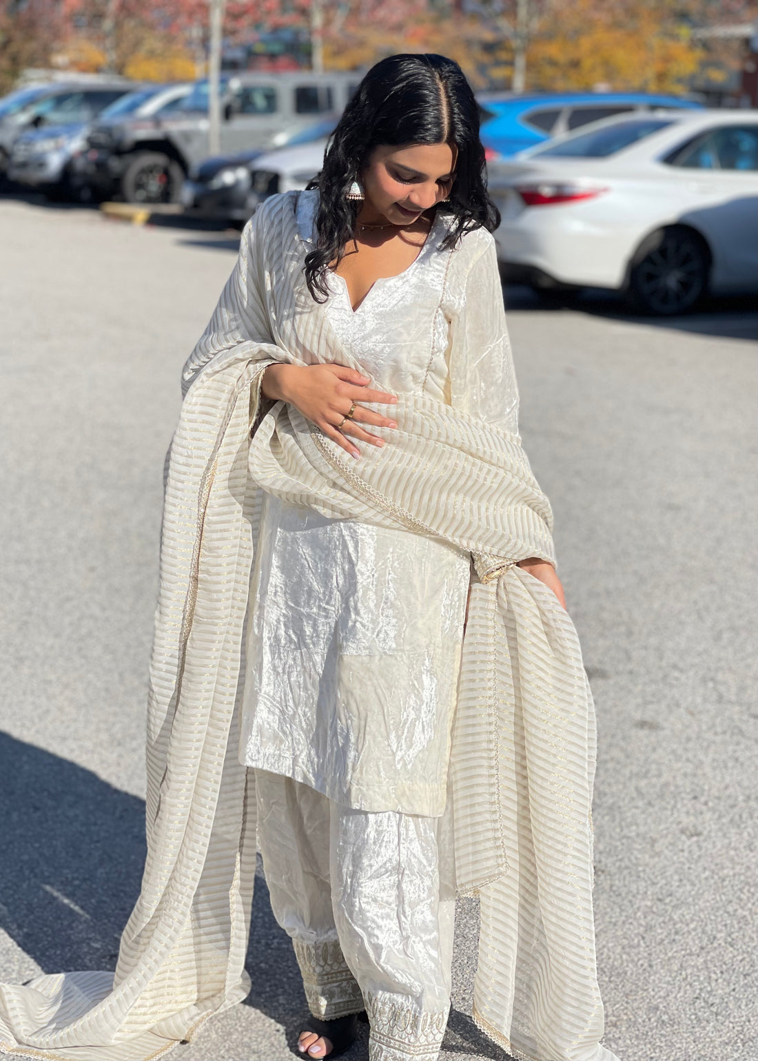 Ivory Embroidered Short Kurti with Farsi Salwar