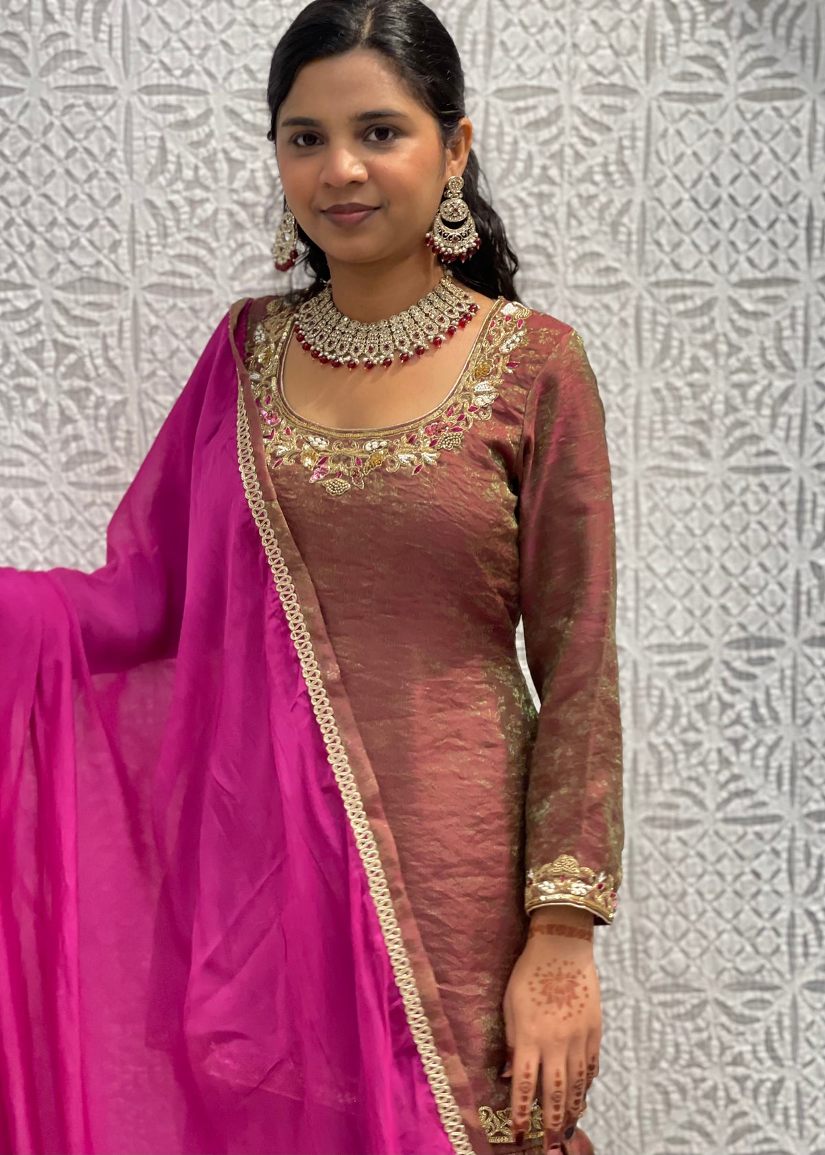 Mauve Embroidered Sharara Suit with Magenta Dupatta