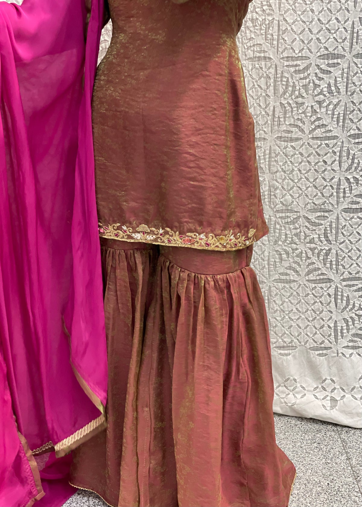 Mauve Embroidered Sharara Suit with Magenta Dupatta