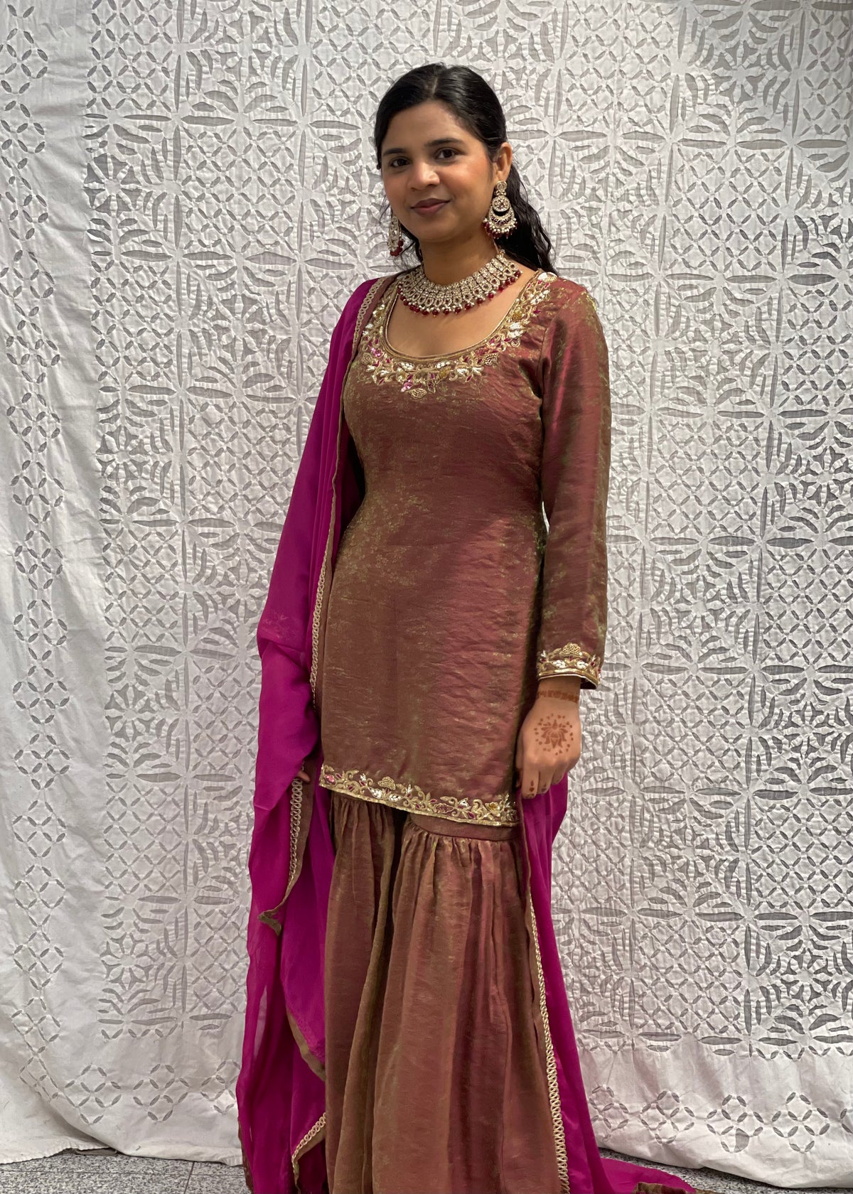 Mauve Embroidered Sharara Suit with Magenta Dupatta