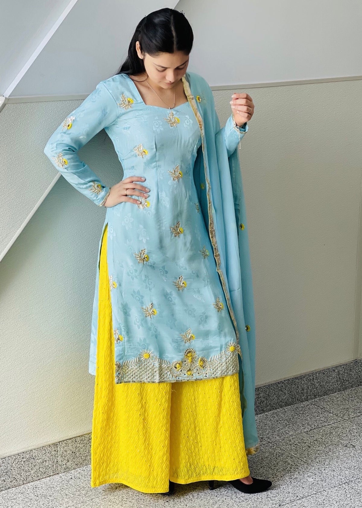 Blue and Yellow Plazzo Suit