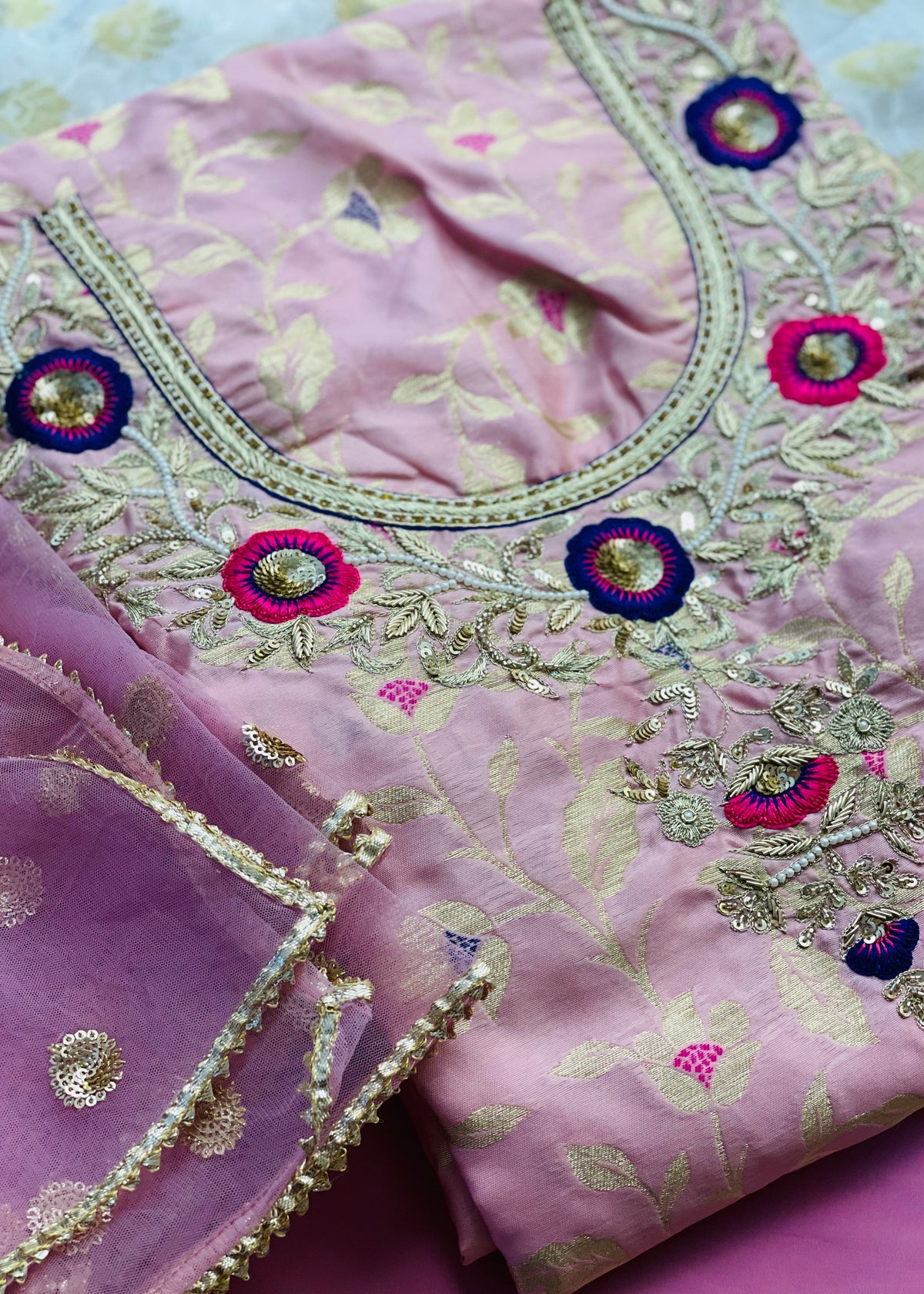Pink Banarsi Unstitched Suit