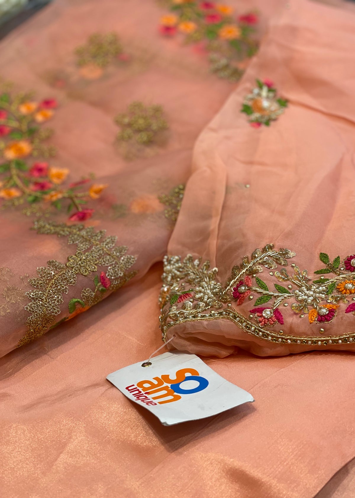 Peach Organza Unstitched Suit